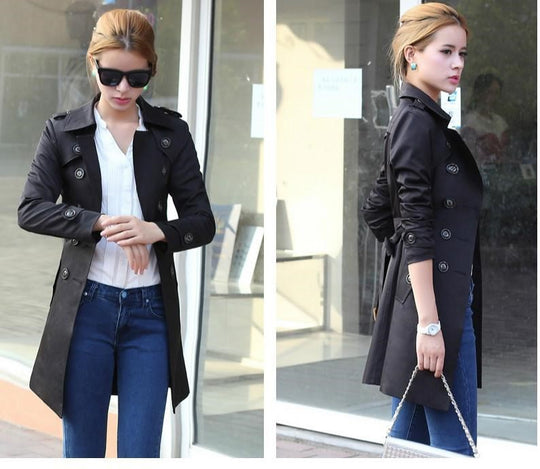 Damen modischer Trenchcoat mit tailliertem Schnitt und doppelter Knopfreihe R&B
