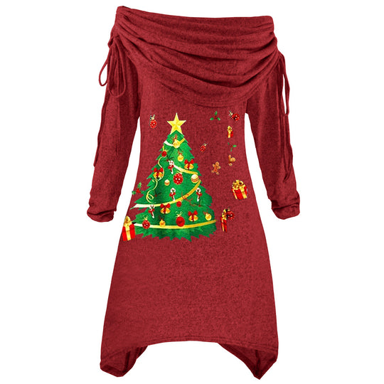 Damen lässiges Weihnachtskleid mit schulterfreiem Design und festlichem Druck R&B