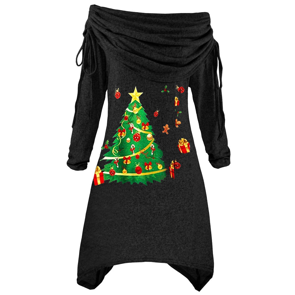 Damen lässiges Weihnachtskleid mit schulterfreiem Design und festlichem Druck R&B