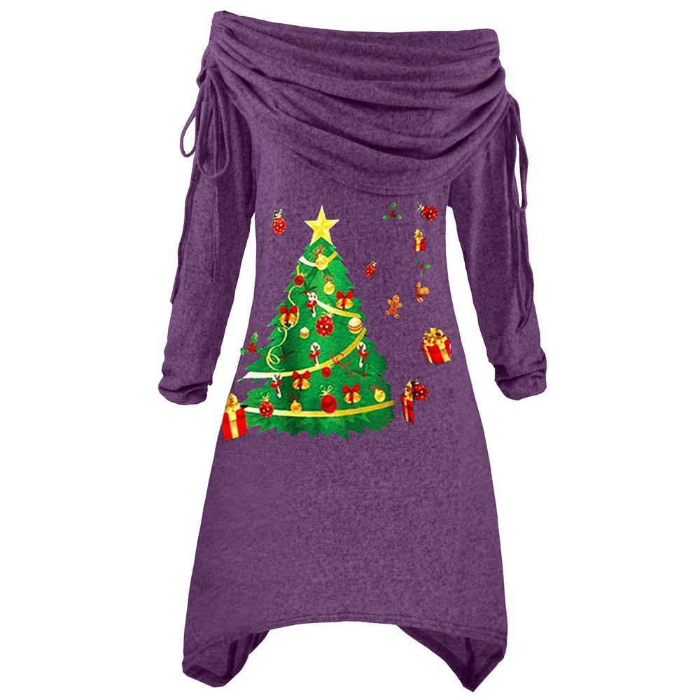 Damen lässiges Weihnachtskleid mit schulterfreiem Design und festlichem Druck R&B