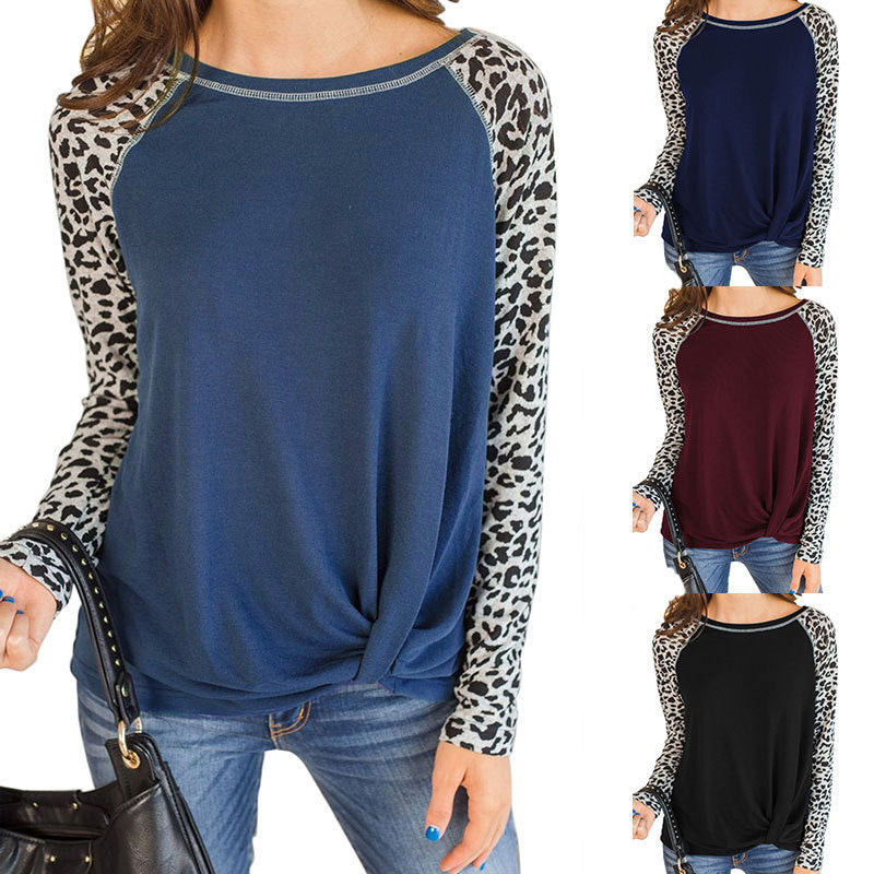 Damen Oberteil mit modischem Leopardenärmeln und lässigem Knoten-Design R&B