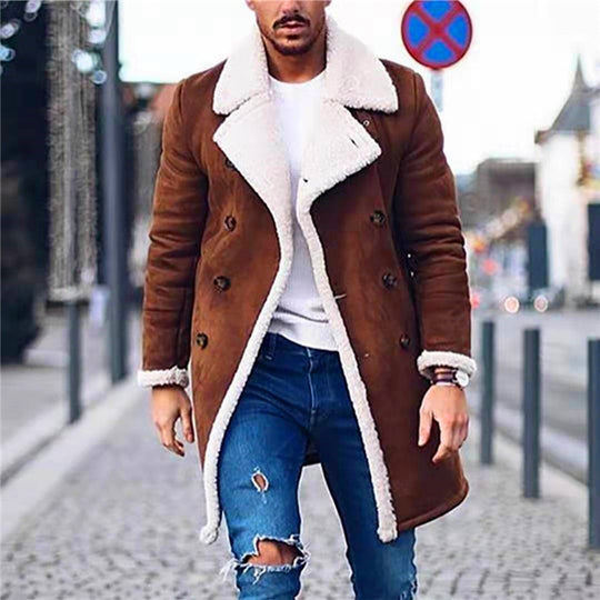 Herren Lammfell-Mantel mit hohem Kragen und eleganter Wollverarbeitung R&B