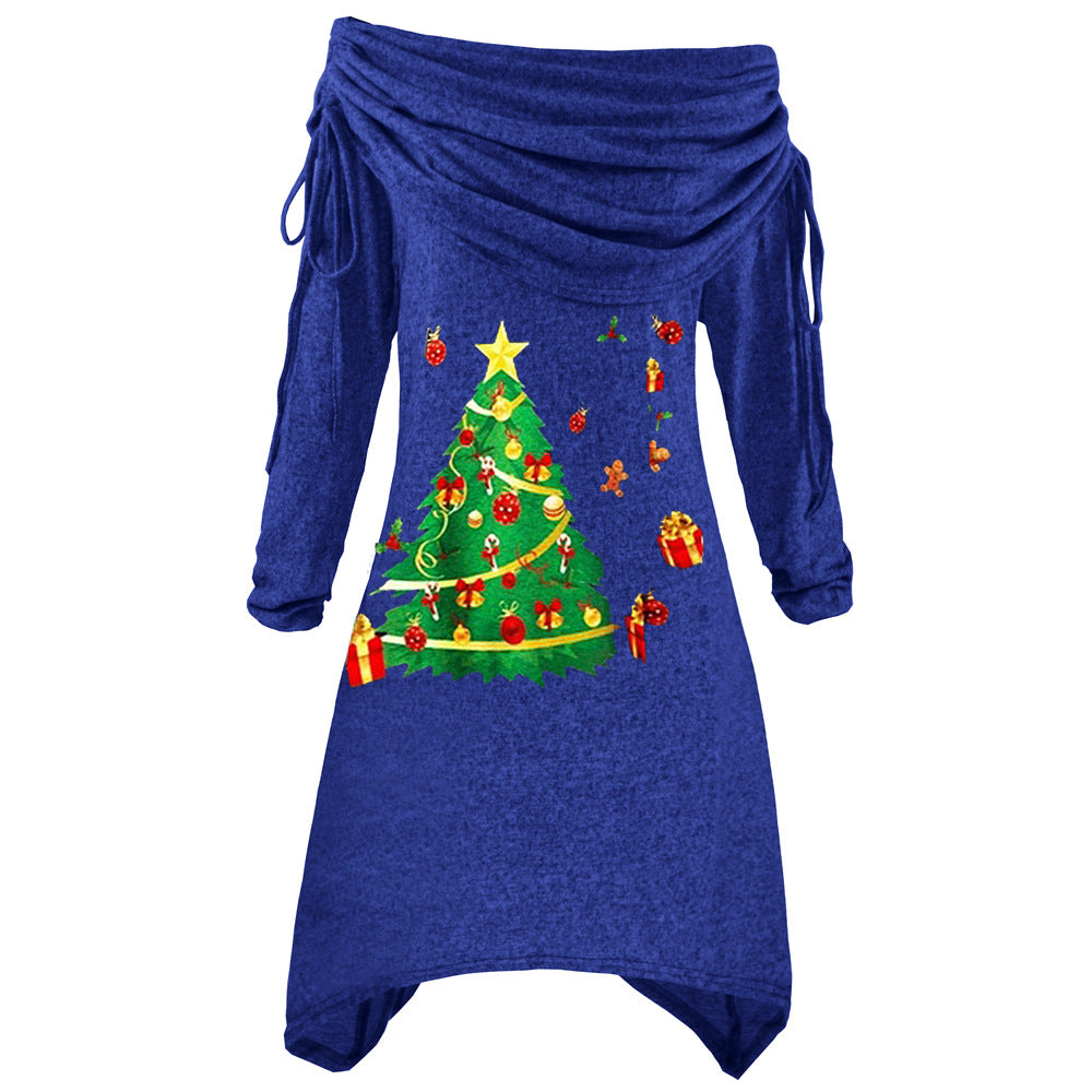 Damen lässiges Weihnachtskleid mit schulterfreiem Design und festlichem Druck R&B