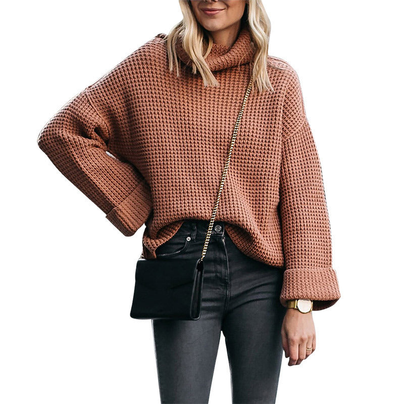 Damen Grobstrickpullover mit Stehkragen und lockerem Schnitt R&B
