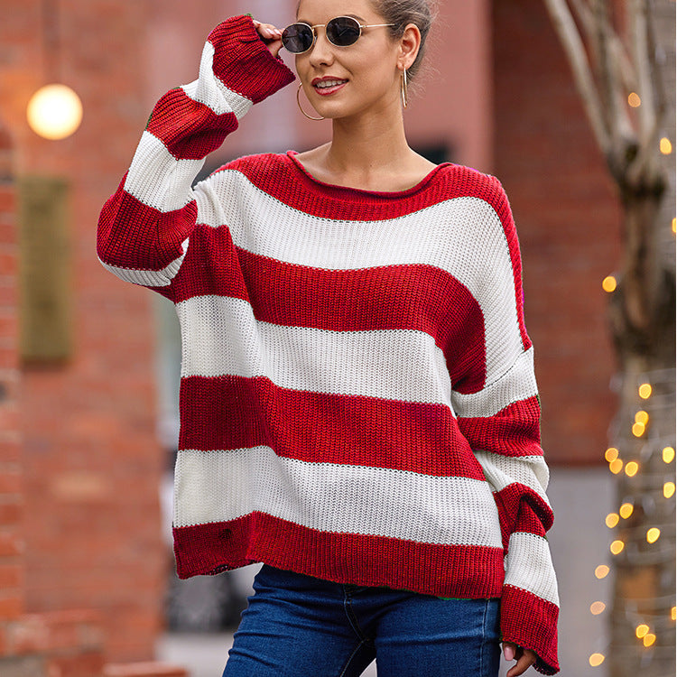 Damen Strickpullover mit breiten Streifen und lockerer Passform R&B