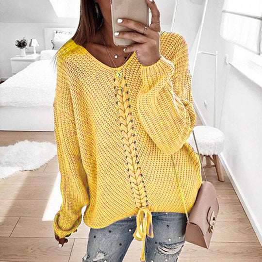 Damen Großer Strickpullover mit tiefem V-Ausschnitt und dekorativem Kordeldetail R&B