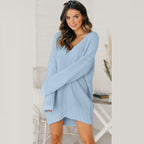 Damen lässiger Strickpullover mit tiefem V-Ausschnitt und überschnittenen Schultern R&B