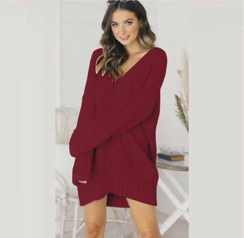 Damen lässiger Strickpullover mit tiefem V-Ausschnitt und überschnittenen Schultern R&B