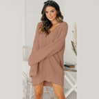 Damen lässiger Strickpullover mit tiefem V-Ausschnitt und überschnittenen Schultern R&B