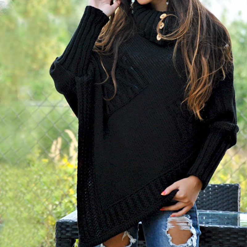 Damen modischer Strickpullover mit hohem Kragen und dekorativen Knöpfen R&B