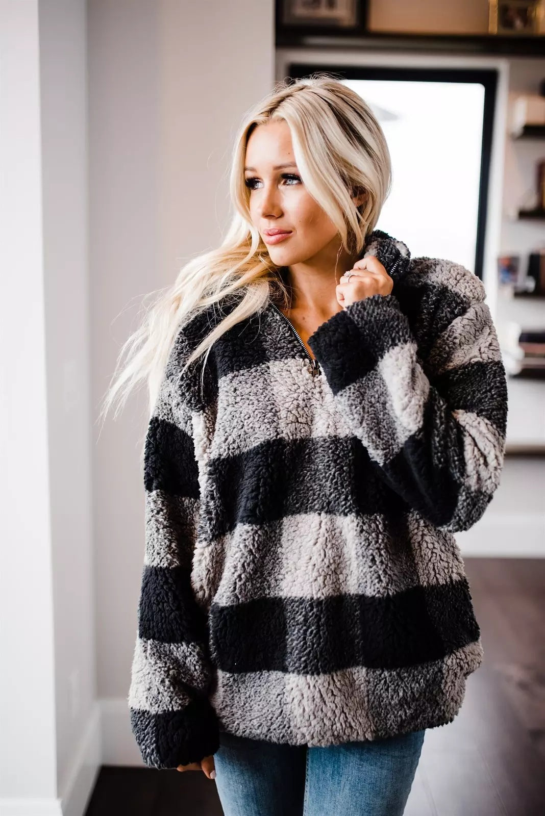 Damen gemütlicher Fleece-Pullover mit hochgeschlossenem Kragen R&B