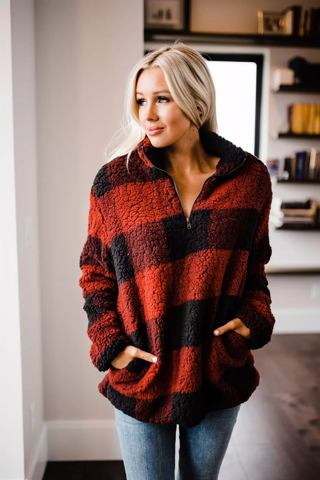 Damen gemütlicher Fleece-Pullover mit hochgeschlossenem Kragen R&B