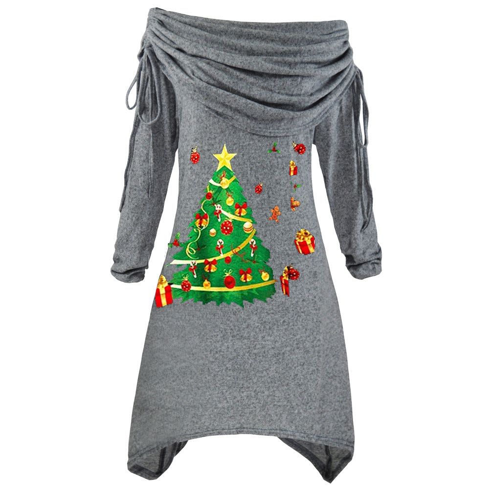 Damen lässiges Weihnachtskleid mit schulterfreiem Design und festlichem Druck R&B