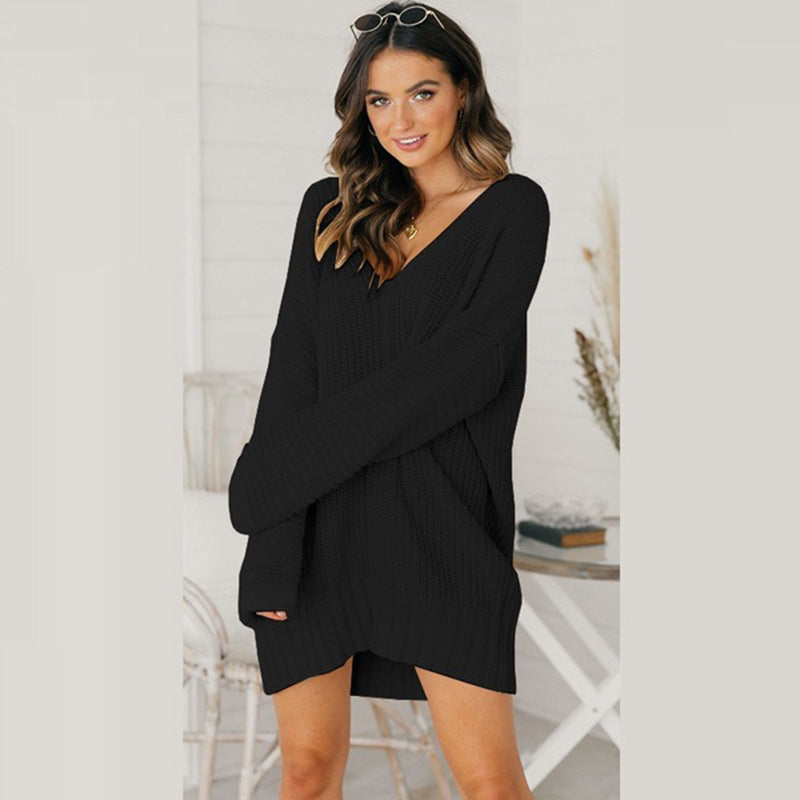 Damen lässiger Strickpullover mit tiefem V-Ausschnitt und überschnittenen Schultern R&B