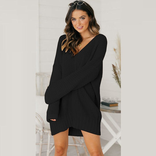 Damen lässiger Strickpullover mit tiefem V-Ausschnitt und überschnittenen Schultern R&B