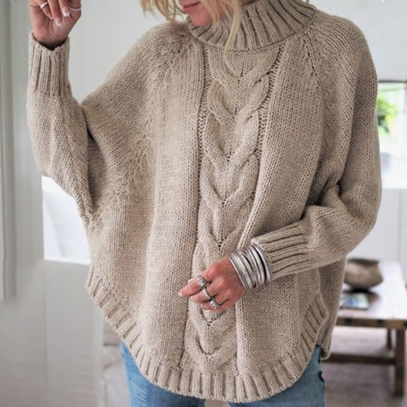 Damen modischer Strickpullover mit Zopfmuster und hohem Kragen R&B