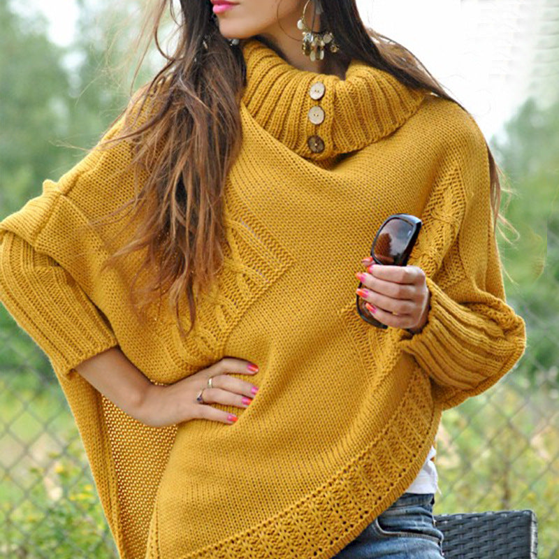 Damen modischer Strickpullover mit hohem Kragen und dekorativen Knöpfen R&B
