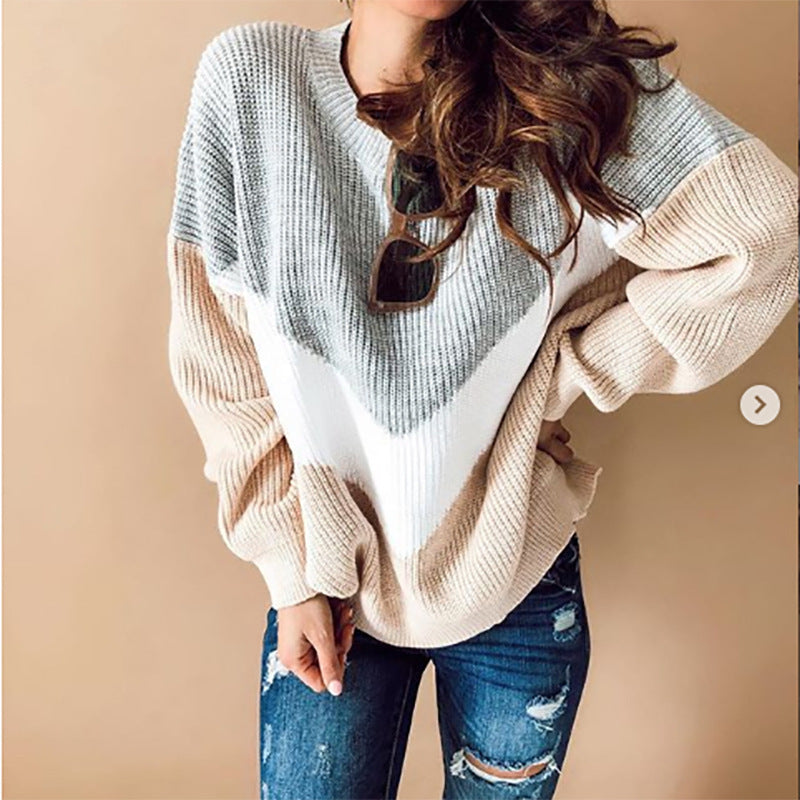 Damen Grobstrickpullover mit V-förmigem Farbdesign R&B