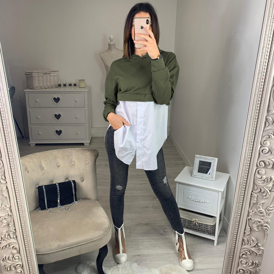 Damen Cropped Hoodie mit modischer Hemdbluse kombiniert R&B