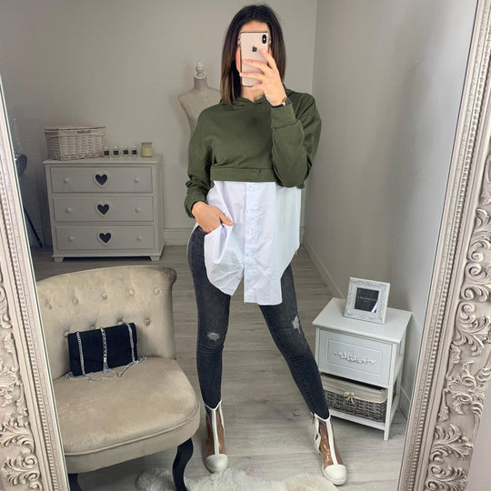 Damen Cropped Hoodie mit modischer Hemdbluse kombiniert R&B