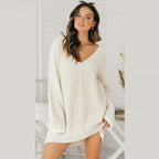 Damen lässiger Strickpullover mit tiefem V-Ausschnitt und überschnittenen Schultern R&B
