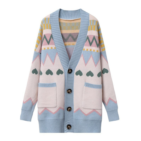 Damen Großer, gemusterter Strickcardigan mit Taschen und Knopfleiste R&B