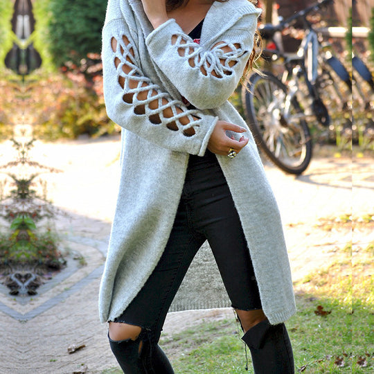 Damen stylische Strickjacke mit floralem Muster und offenen Ärmeln R&B