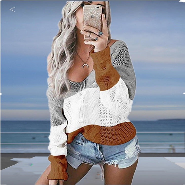 Damen Strickpullover mit großzügigem Ausschnitt und modischem Muster R&B