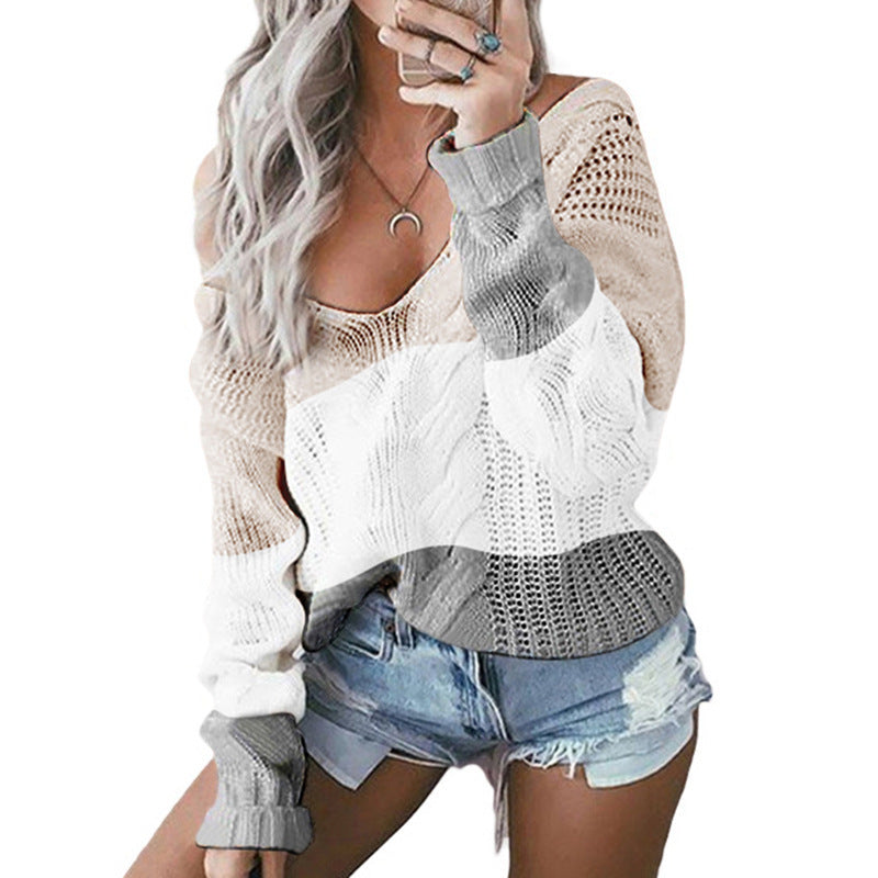Damen trendiger Pullover mit offenen Schultern und Farbblockdesign