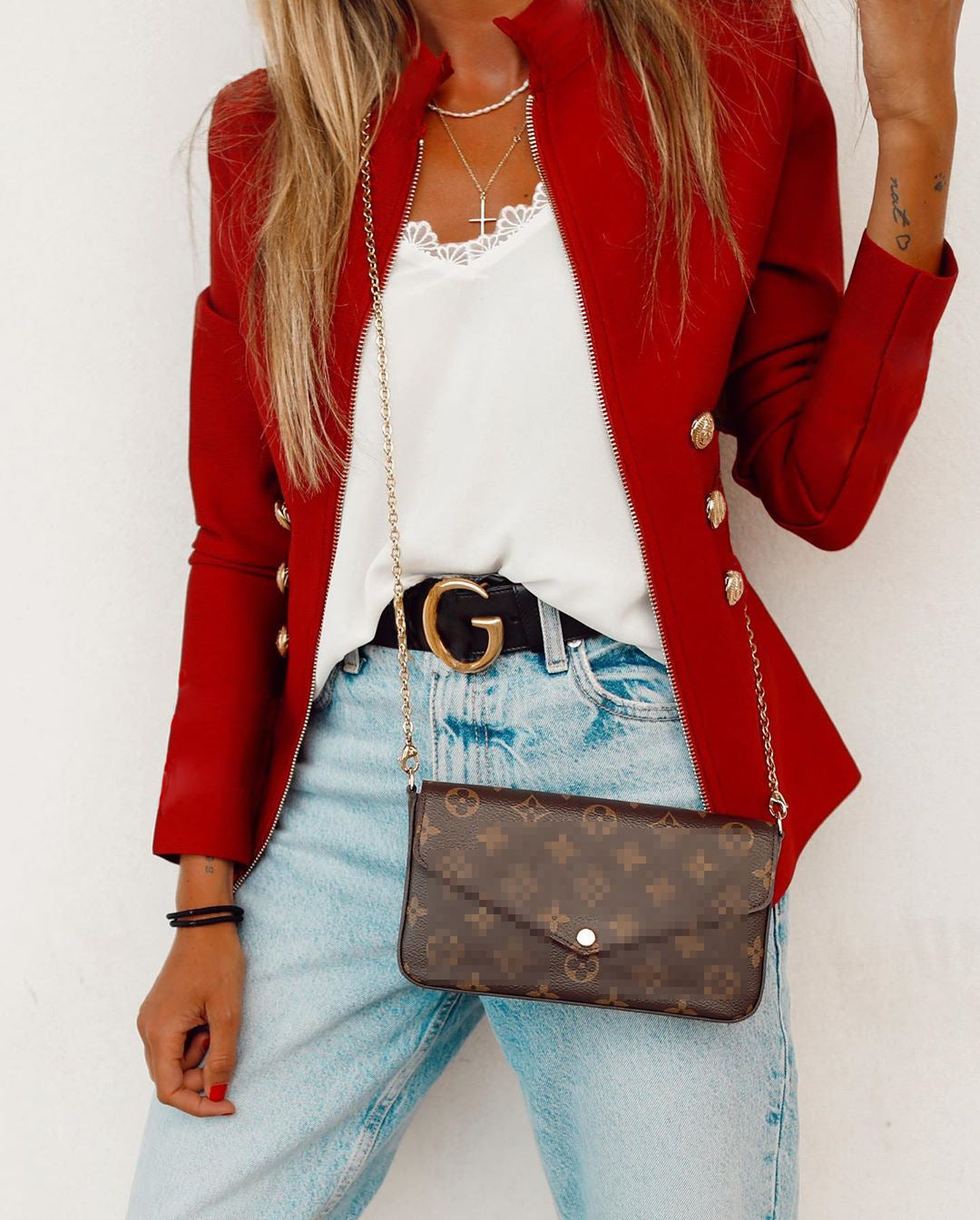 Damen Elegante Blazerjacke mit goldenen Knöpfen und hohem Kragen R&B