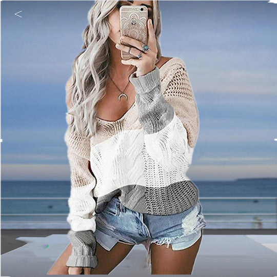 Damen Strickpullover mit großzügigem Ausschnitt und modischem Muster R&B