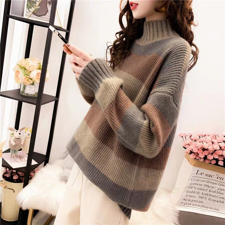 Damen Gemütlicher Strickpullover mit hohem Kragen und lässigem Schnitt
