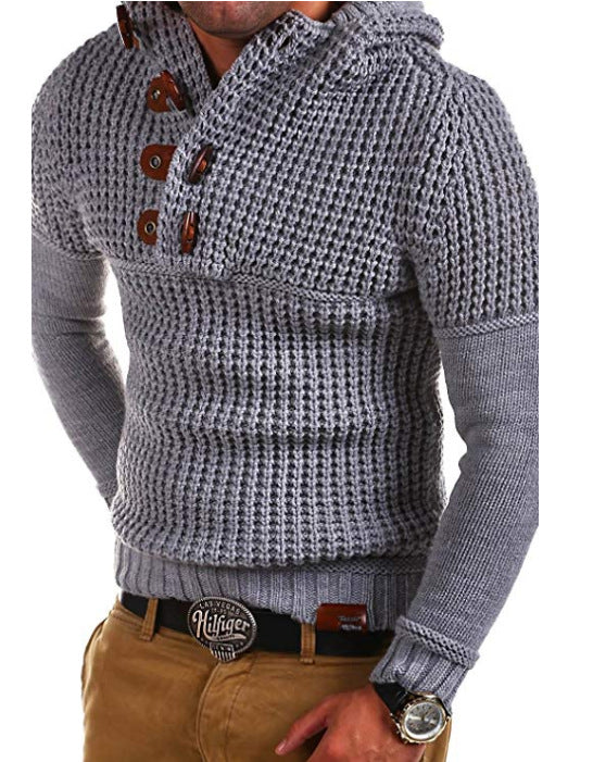 Herren Strickpullover mit kapuze und Holzknöpfen R&B