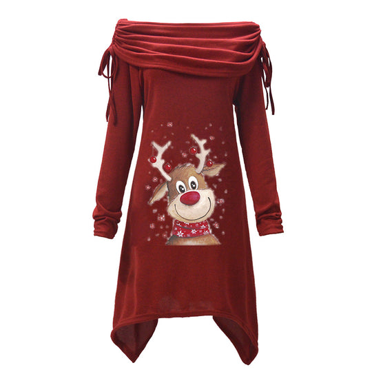 Damen Freizeitkleid mit schulterfreiem Design und verspieltem Rentier-Motiv R&B