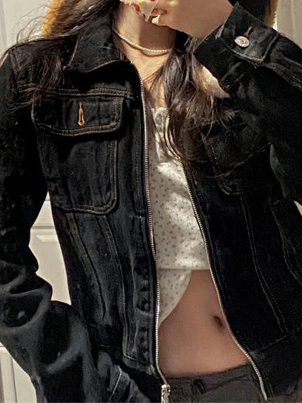 R&B | Schwarze Denim Reverskragen Reißverschluss Kurze Jacke