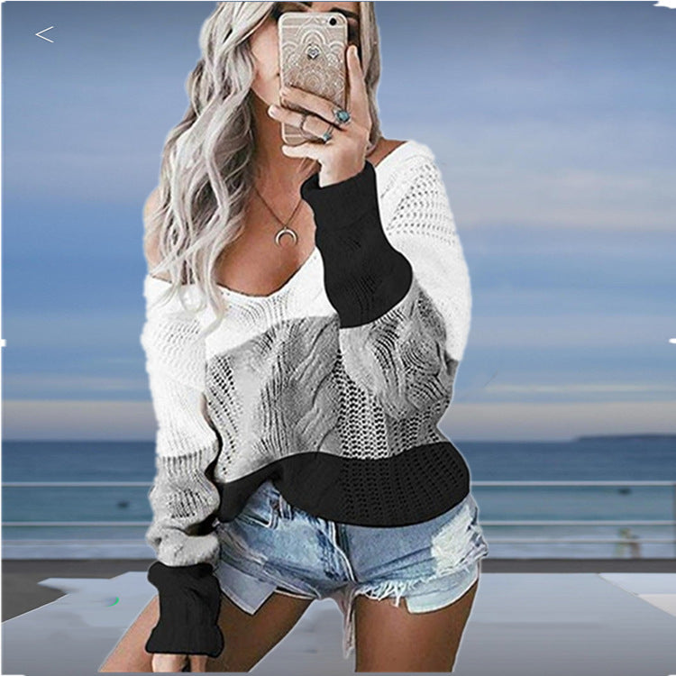 Damen Strickpullover mit großzügigem Ausschnitt und modischem Muster R&B