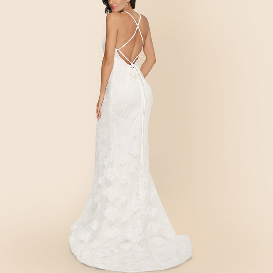 Damen elegantes figurbetontes Hochzeitskleid mit zarter Spitzenverzierung R&B