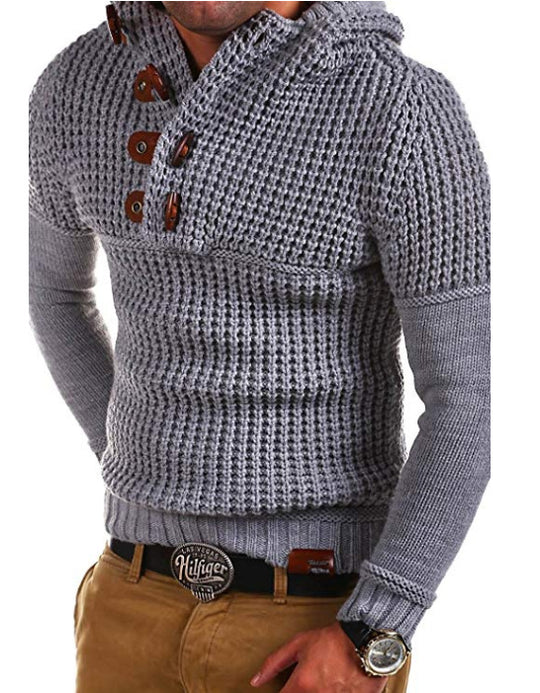 Herren Strickpullover mit kapuze und Holzknöpfen R&B