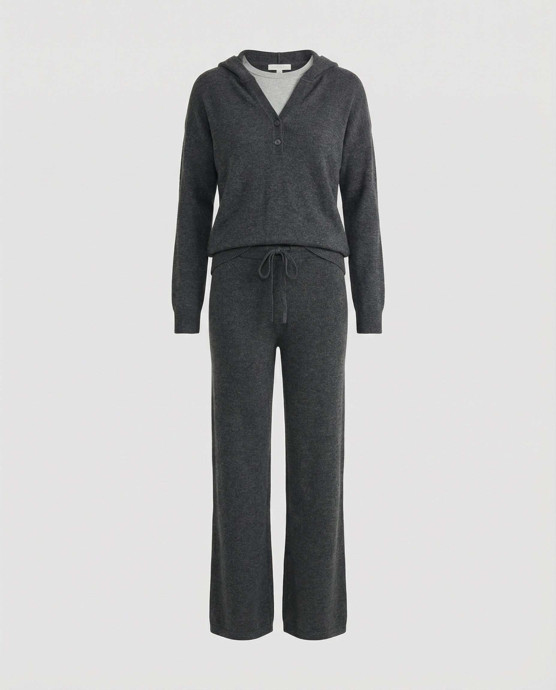 Damen Modetrends 2026 lässiges Kapuzenshirt mit kurzer Knopfleiste und weite Jogginghose aus weicher Baumwollmischung R&B