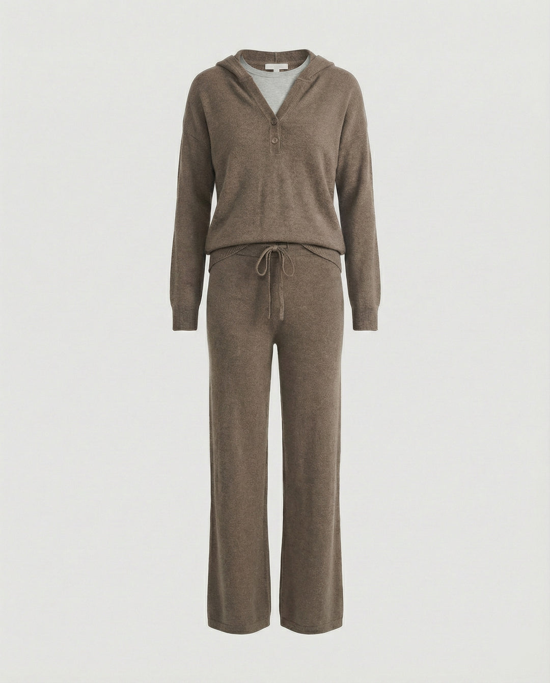 Damen Modetrends 2026 lässiges Kapuzenshirt mit kurzer Knopfleiste und weite Jogginghose aus weicher Baumwollmischung R&B