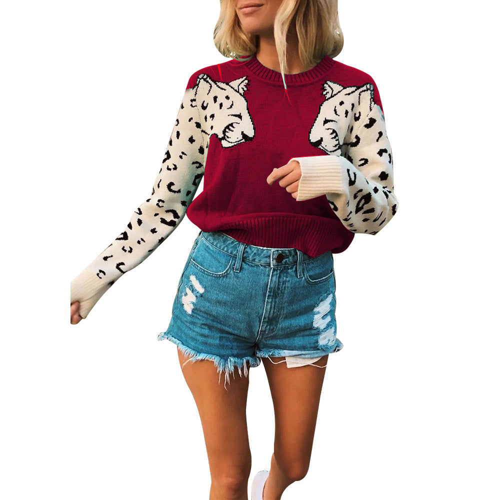Damen modischer Strickpullover mit tierischem Motiv und farblich abgesetzten Ärmeln R&B