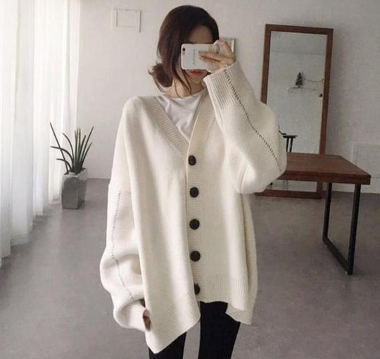 Damen lässige Strickjacke mit übergroßem Schnitt und großen Knöpfen R&B