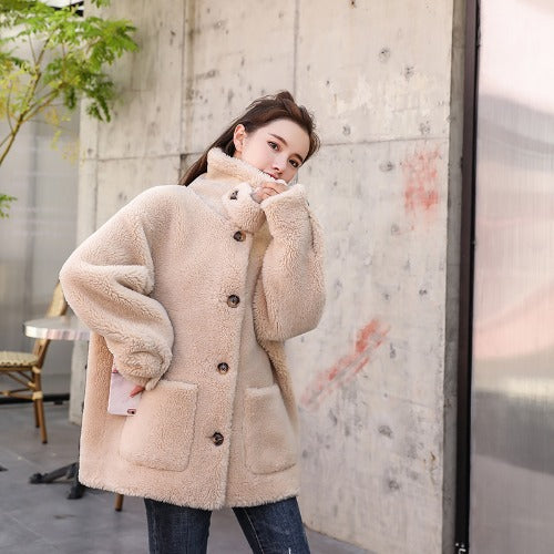 Damen kuscheliger Fleece Mantel mit hohen Kragen und Taschen R&B