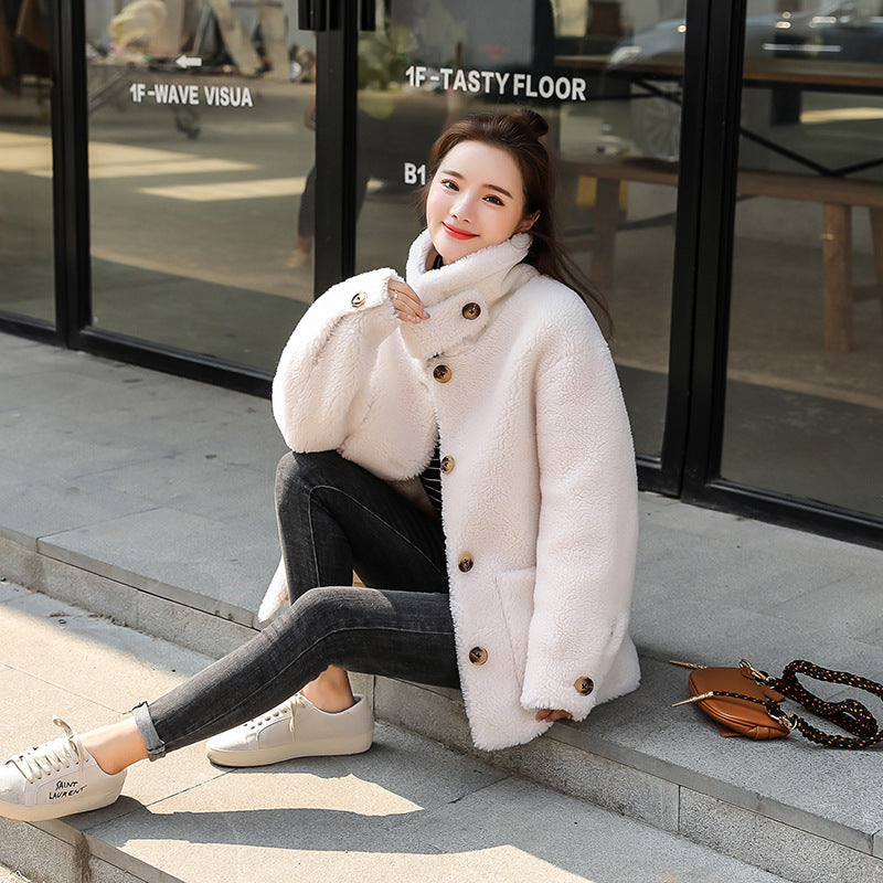 Damen kuscheliger Fleece Mantel mit hohen Kragen und Taschen R&B