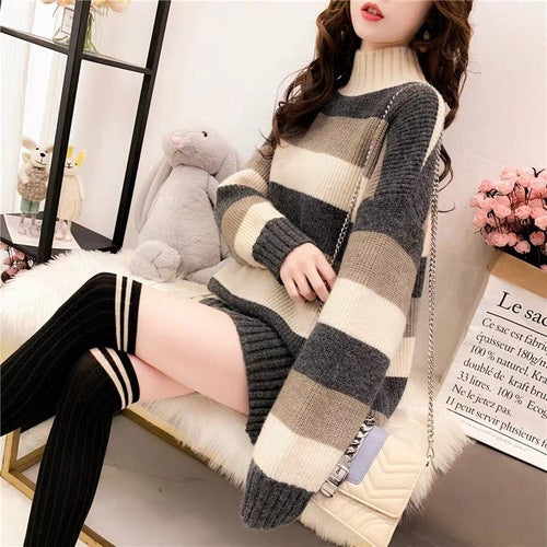 Damen Gemütlicher Strickpullover mit hohem Kragen und lässigem Schnitt R&B