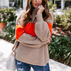 Damen Strickpullover mit farbenfrohem Blockdesign und hohem Kragen R&B