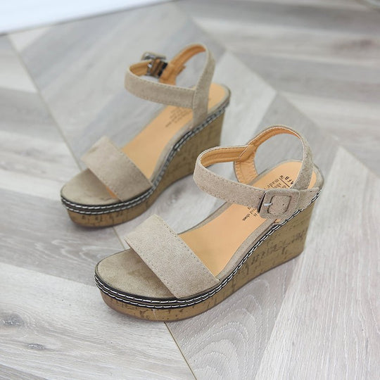 Damen nan Keilabsatzsandalen mit Korkplateau, verstellbarem Schnallenriemen und gekreuzten Wildlederriemen R&B