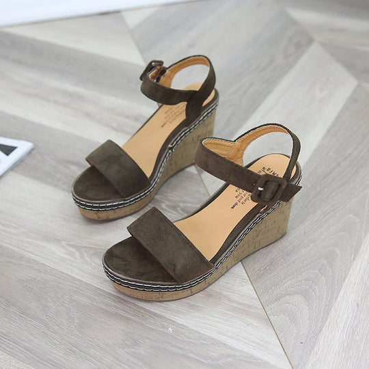 Damen nan Keilabsatzsandalen mit Korkplateau, verstellbarem Schnallenriemen und gekreuzten Wildlederriemen R&B