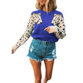Damen modischer Strickpullover mit tierischem Motiv und farblich abgesetzten Ärmeln R&B
