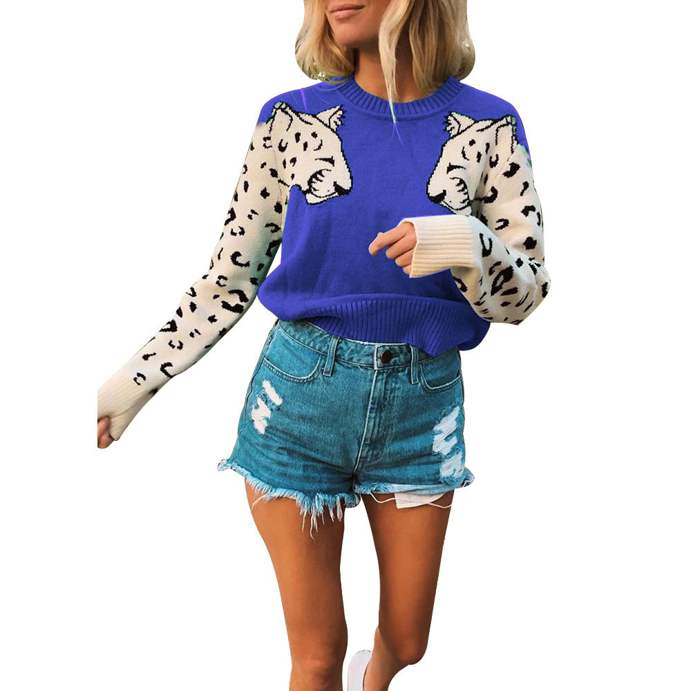 Damen modischer Strickpullover mit tierischem Motiv und farblich abgesetzten Ärmeln R&B
